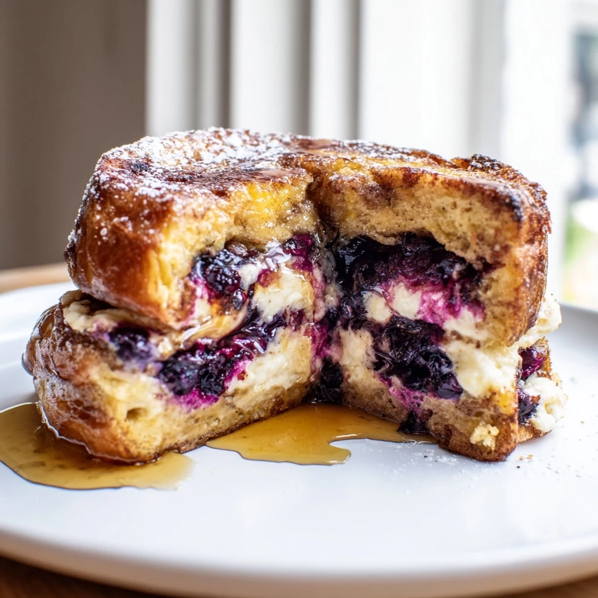 Golden blueberry cheesecake stuffed French toast drizzled with maple syrup on a plate