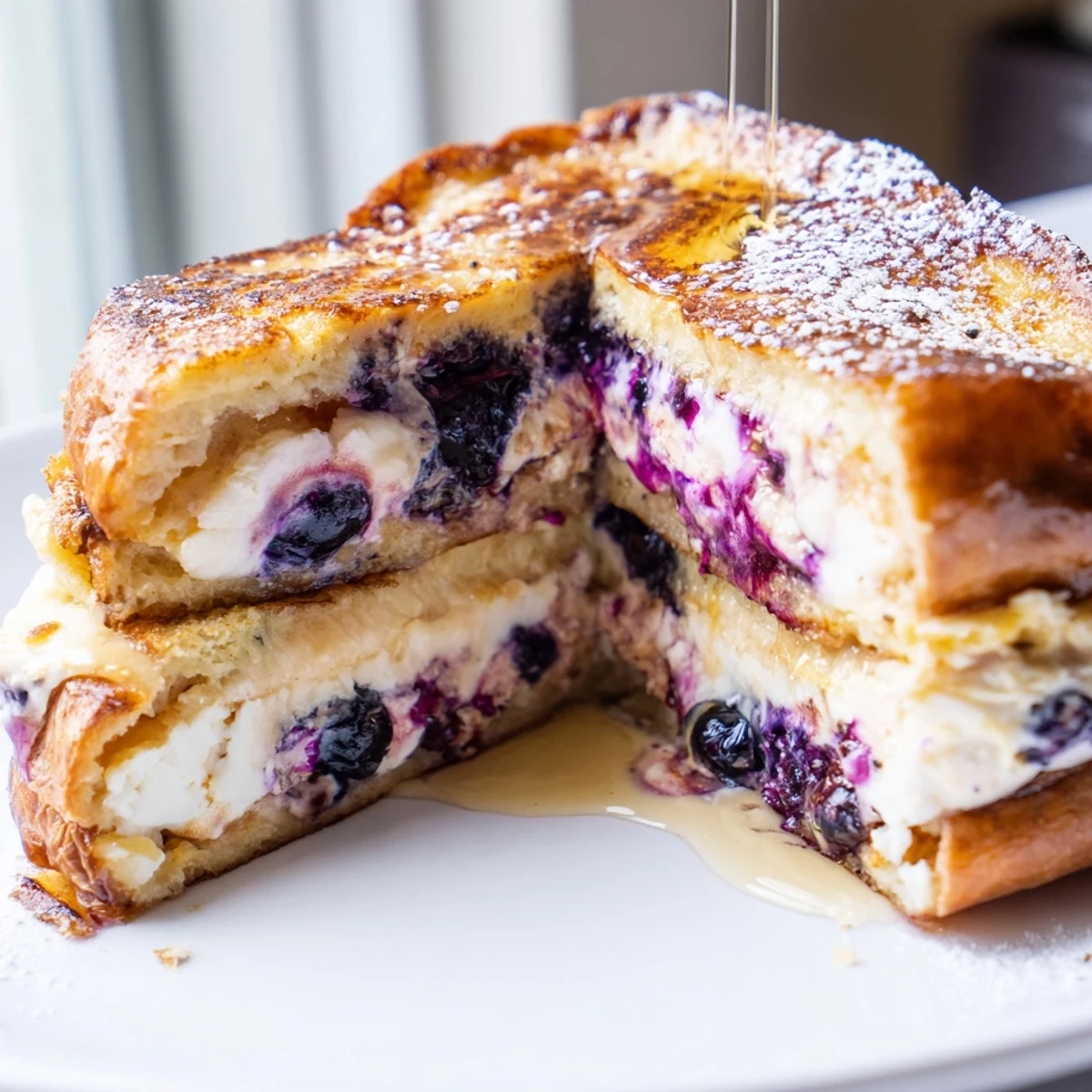 Crispy blueberry cheesecake stuffed French toast oozing creamy filling topped with fresh berries