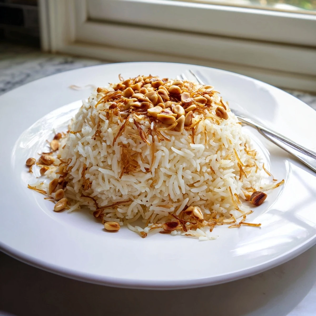 Fluffy Lebanese Rice with golden toasted vermicelli and pine nuts on a white plate.