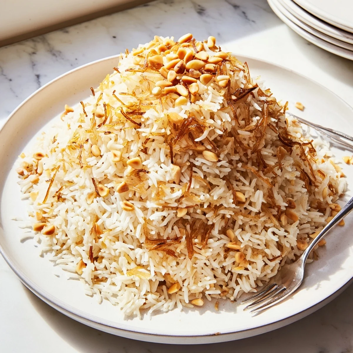 Steaming bowl of buttery Lebanese Rice garnished with crispy pine nuts and fresh herbs.