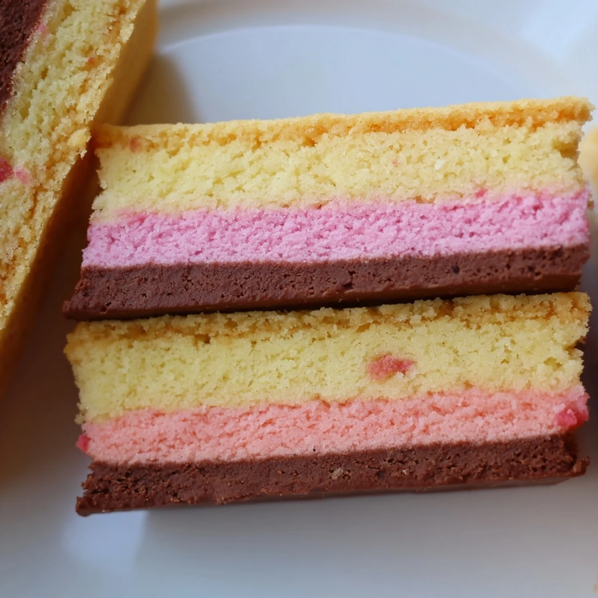 Colorful Neapolitan Cookies sliced to reveal chocolate, vanilla, and strawberry layers on a parchment-lined baking sheet