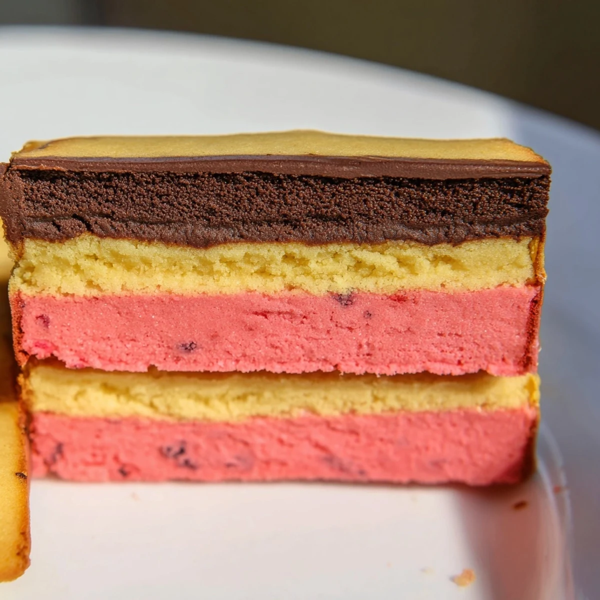 Tri-colored Neapolitan Cookies with buttery golden edges arranged on a wire cooling rack after baking