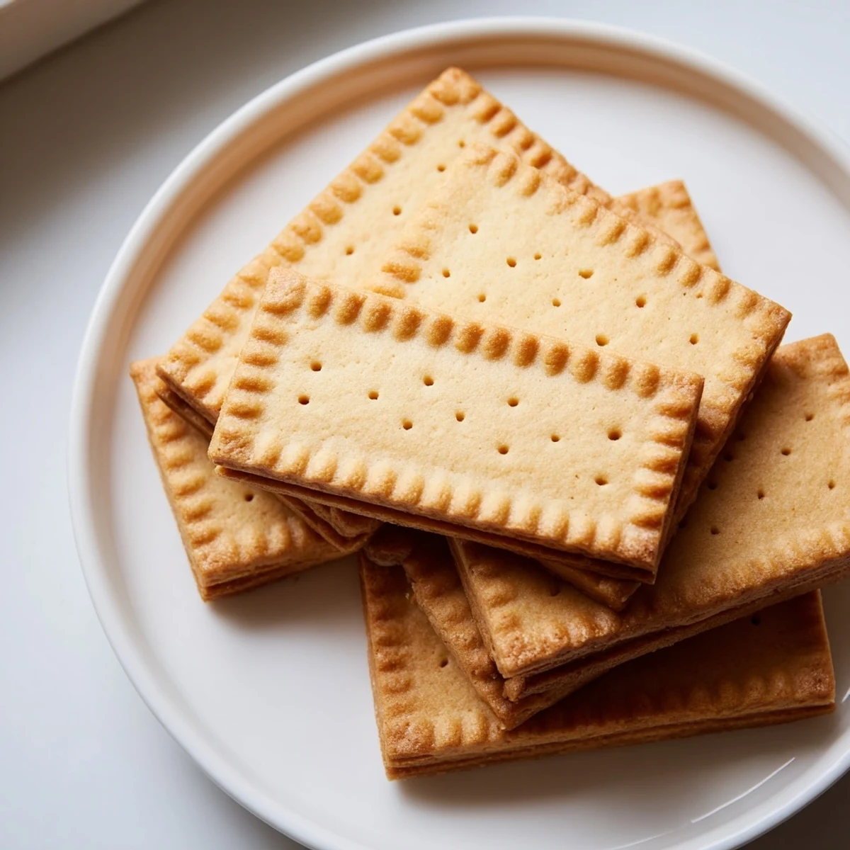 Crispy petit beurre biscuits arranged on a plate beside a steaming coffee cup