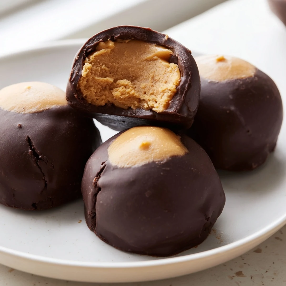 Golden buckeye cookies with glossy chocolate coating on a rustic wooden serving board