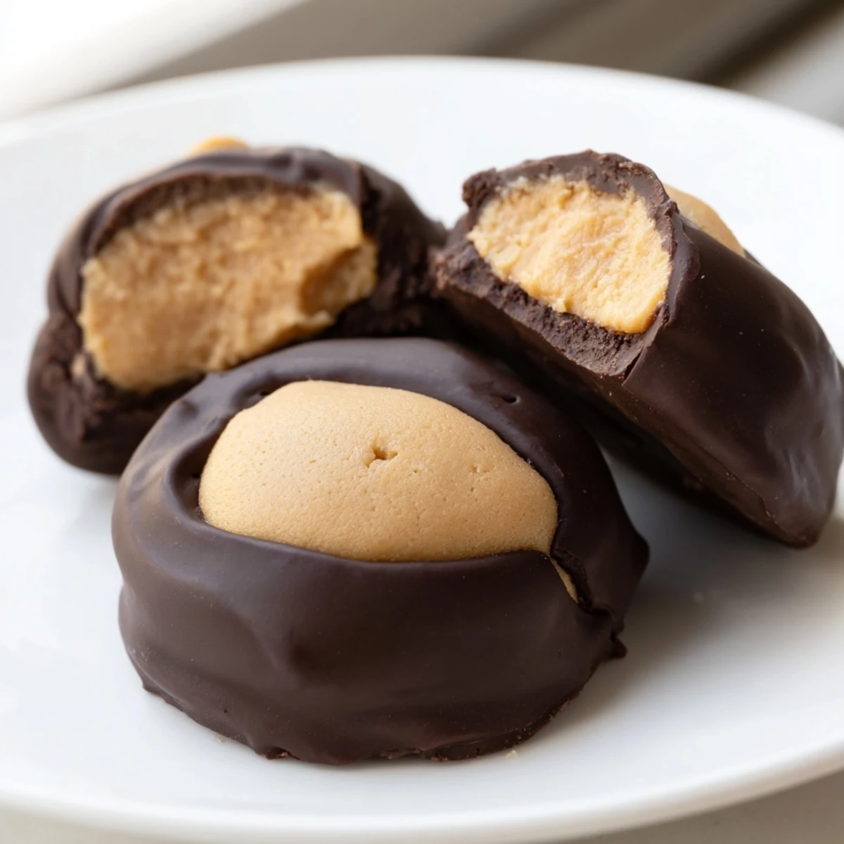 Rich chocolate-dipped buckeye cookies dusted with powdered sugar beside a tall glass of milk