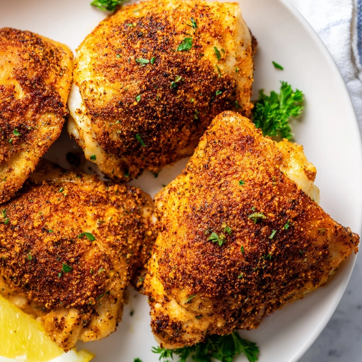 Golden crispy oven baked chicken thighs with smoked paprika on a parchment-lined baking sheet