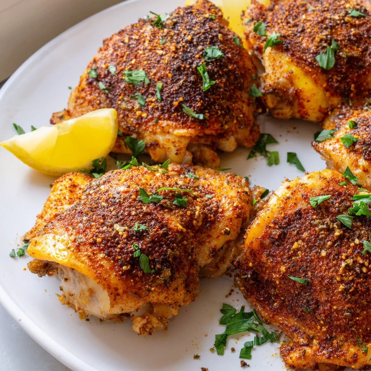 Juicy oven baked chicken thighs garnished with fresh parsley and bright lemon wedges