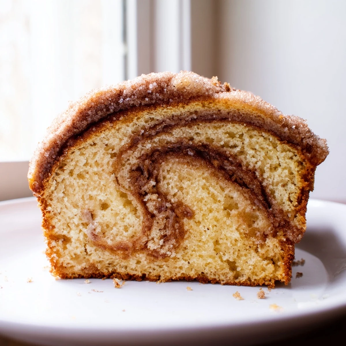 Warm cinnamon donut loaf sliced thick with a golden cinnamon sugar crust on a wooden board