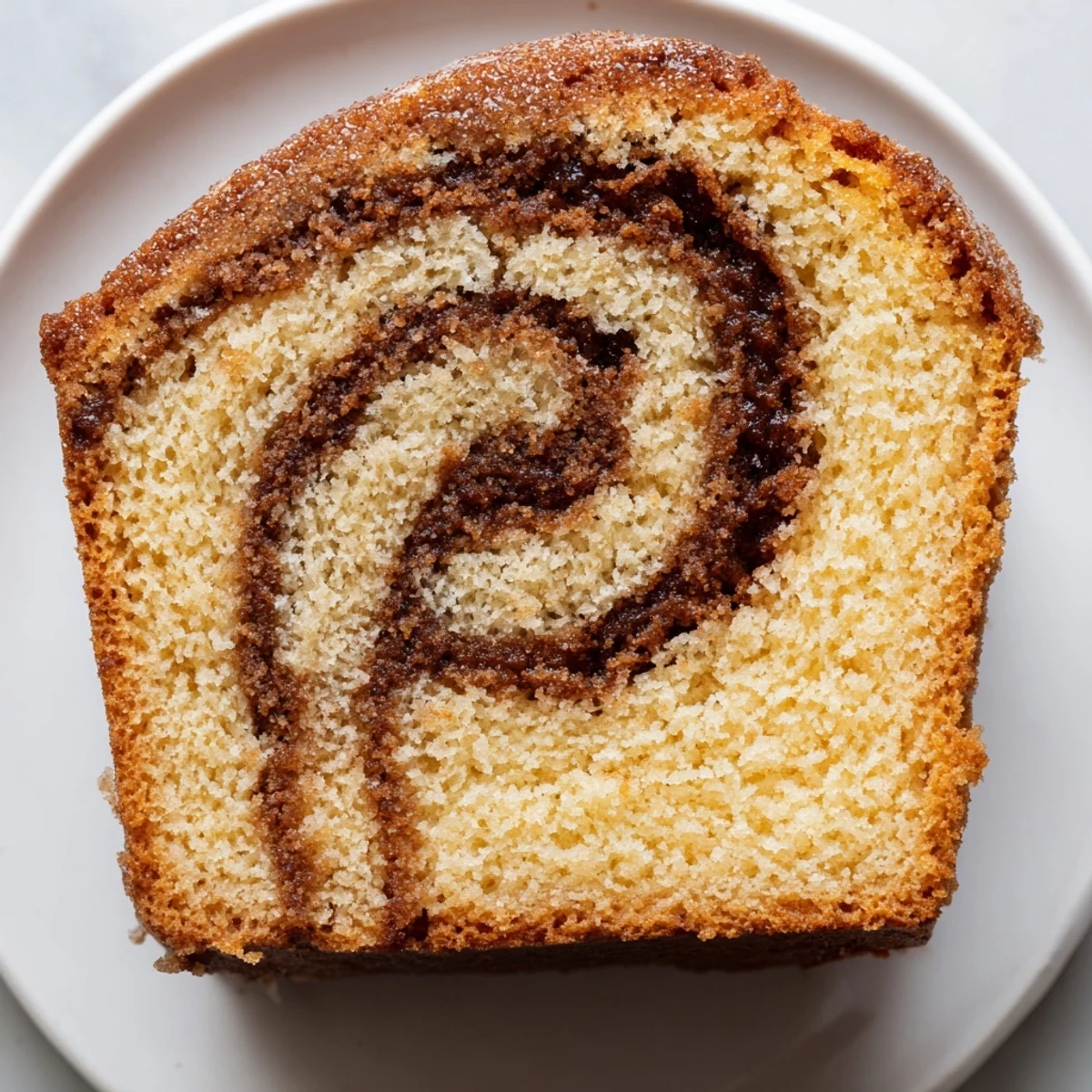 Freshly baked cinnamon donut loaf showing a tender swirl of brown sugar and spice inside
