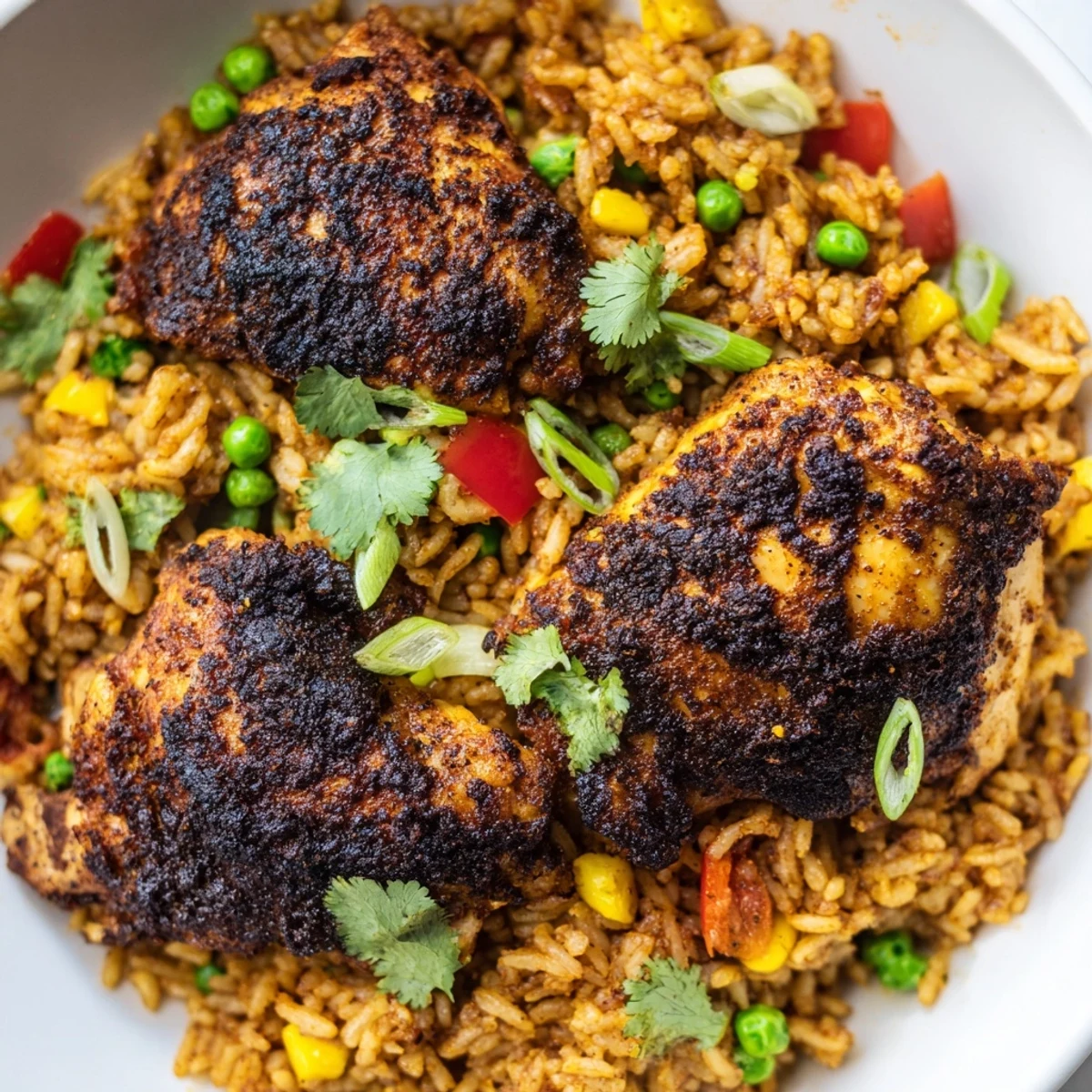 Spicy jerk chicken rice topped with fresh cilantro and vibrant garnishes