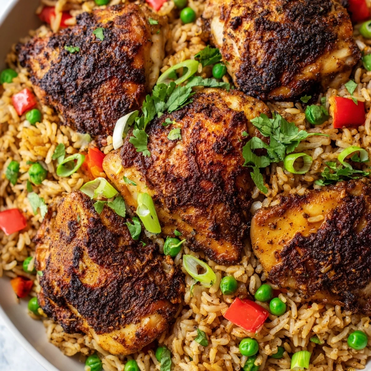 Steaming bowl of spicy jerk chicken rice with spring onions and peas
