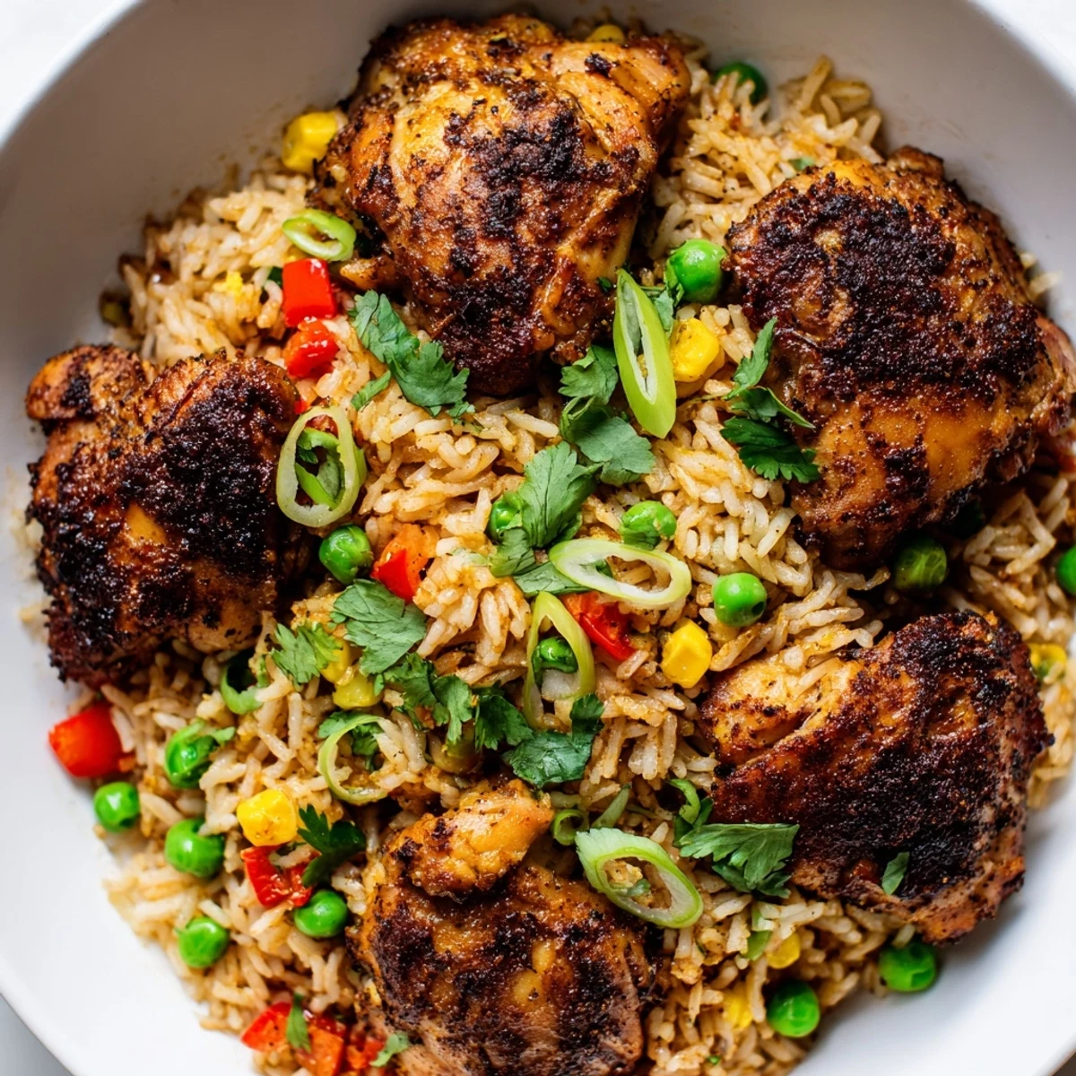 Golden jerk-seasoned chicken thighs nestled in fluffy coconut-infused rice