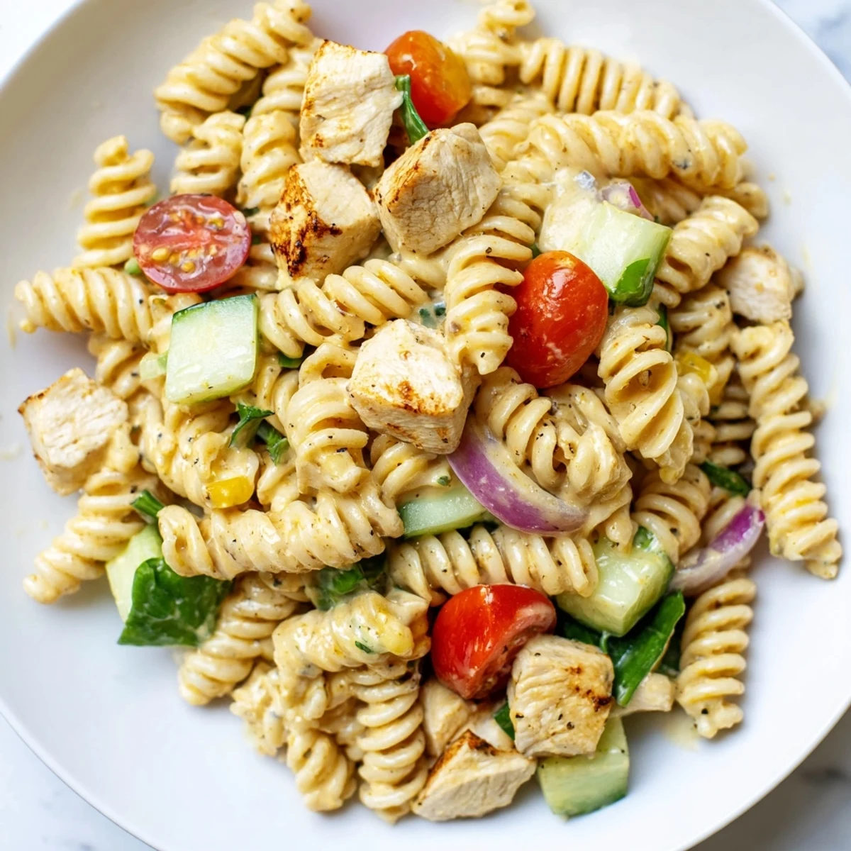 Creamy honey mustard chicken pasta salad topped with halved cherry tomatoes and crisp greens