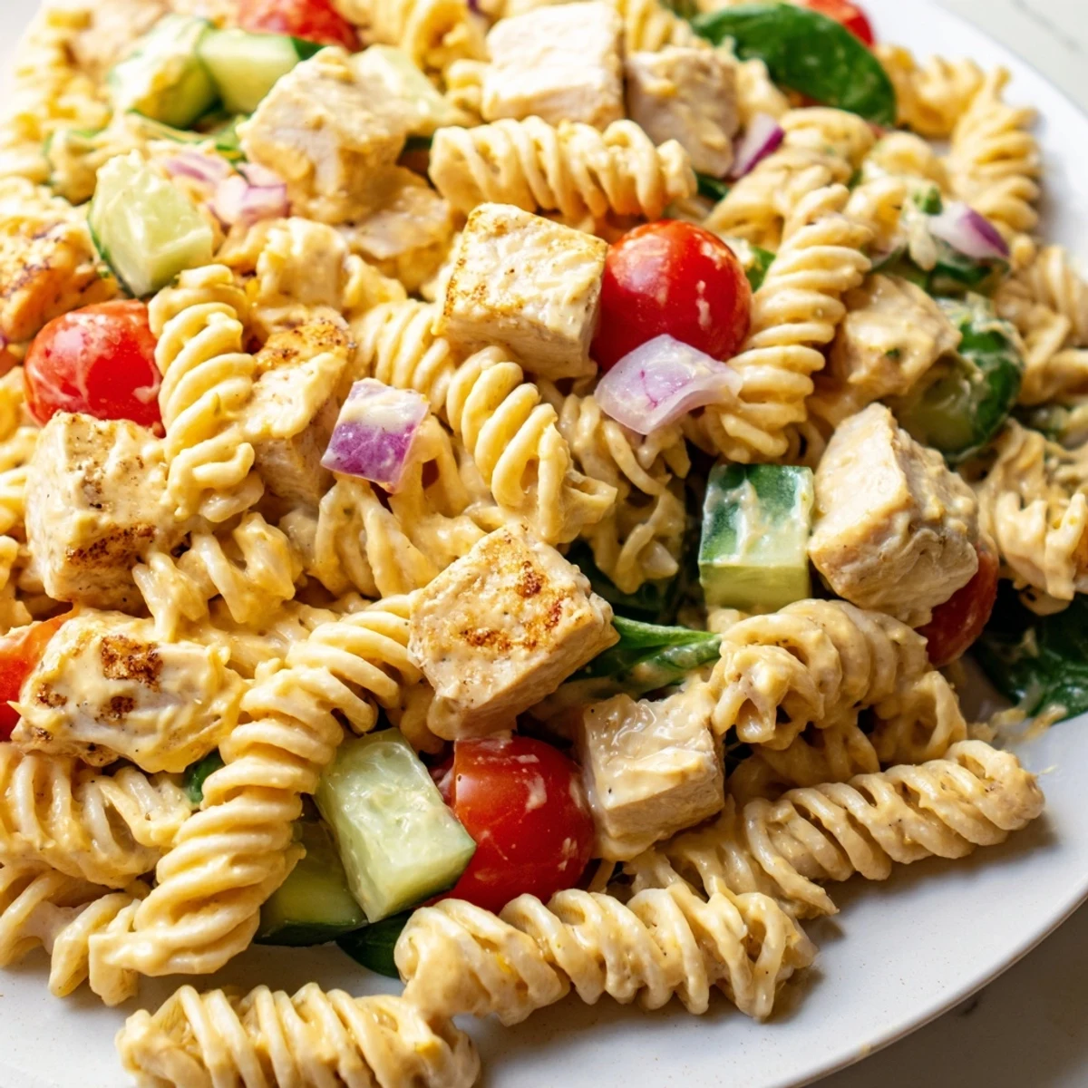Honey mustard chicken pasta salad served fresh in a rustic wooden bowl with colorful vegetables