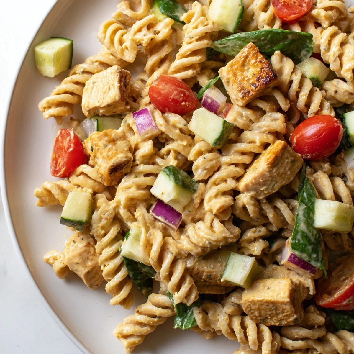 Golden seared chicken pieces nestled in honey mustard chicken pasta salad with diced bell peppers