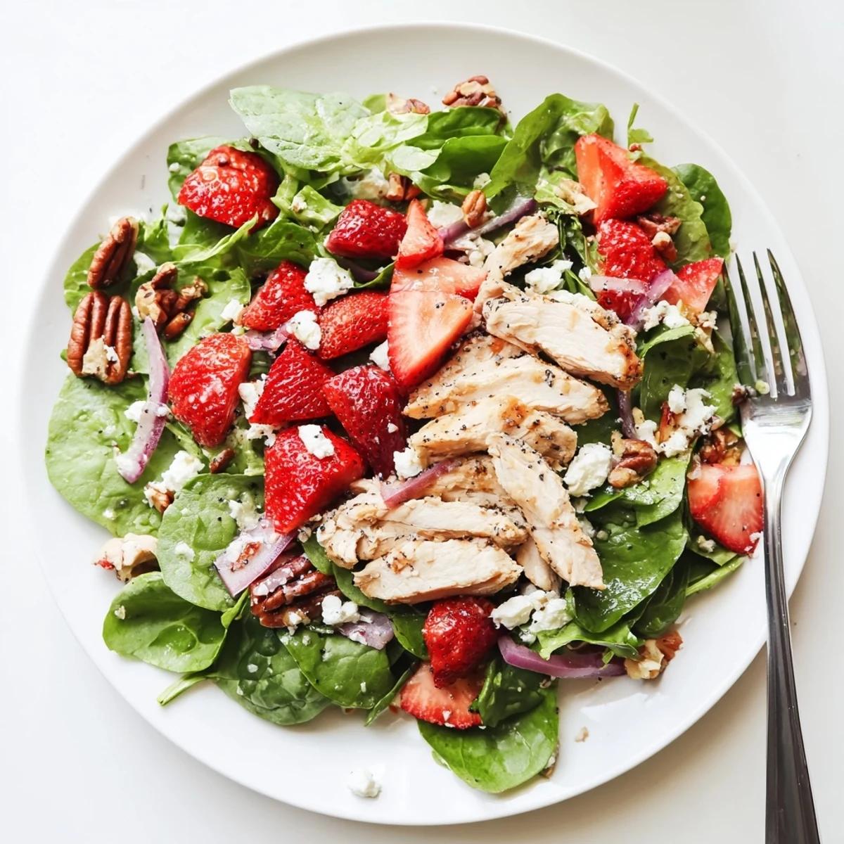 Golden seared chicken rests atop a vibrant strawberry chicken salad drizzled with tangy poppy seed dressing