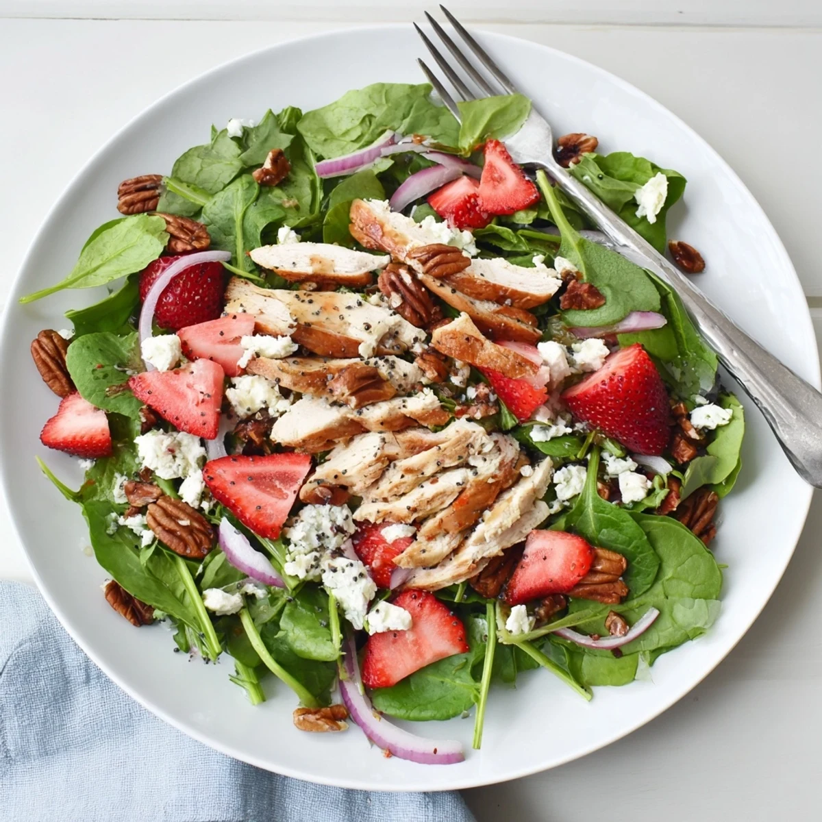 Fresh strawberry chicken salad with sliced berries, tender chicken, and creamy feta on crisp greens
