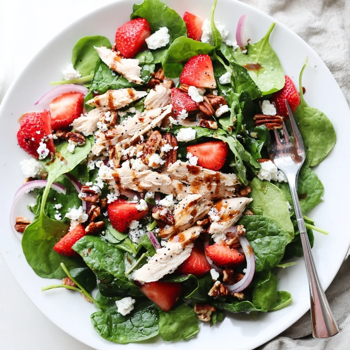 Colorful strawberry chicken salad featuring juicy ripe strawberries, toasted pecans, and mixed greens in a rustic bowl