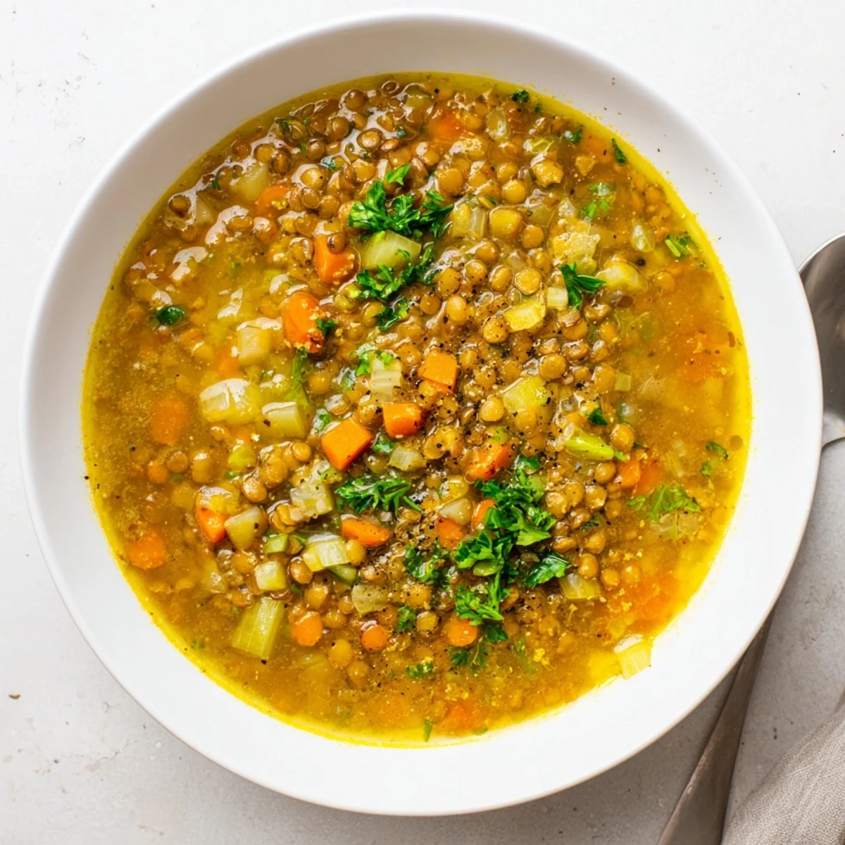 Golden lemon lentil soup garnished with chopped parsley and a drizzle of olive oil