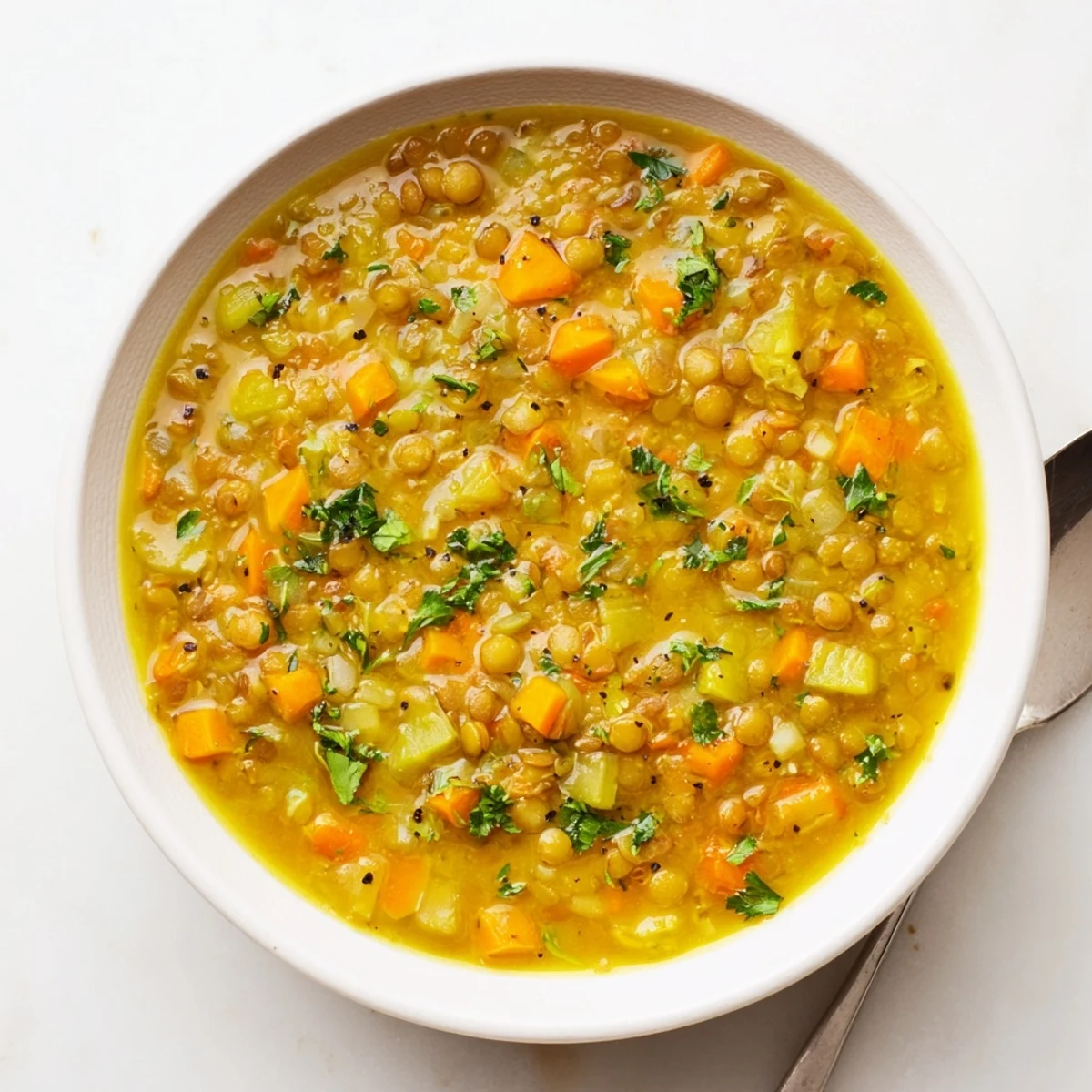 Creamy lemon lentil soup ladled into a rustic bowl with crusty bread on the side