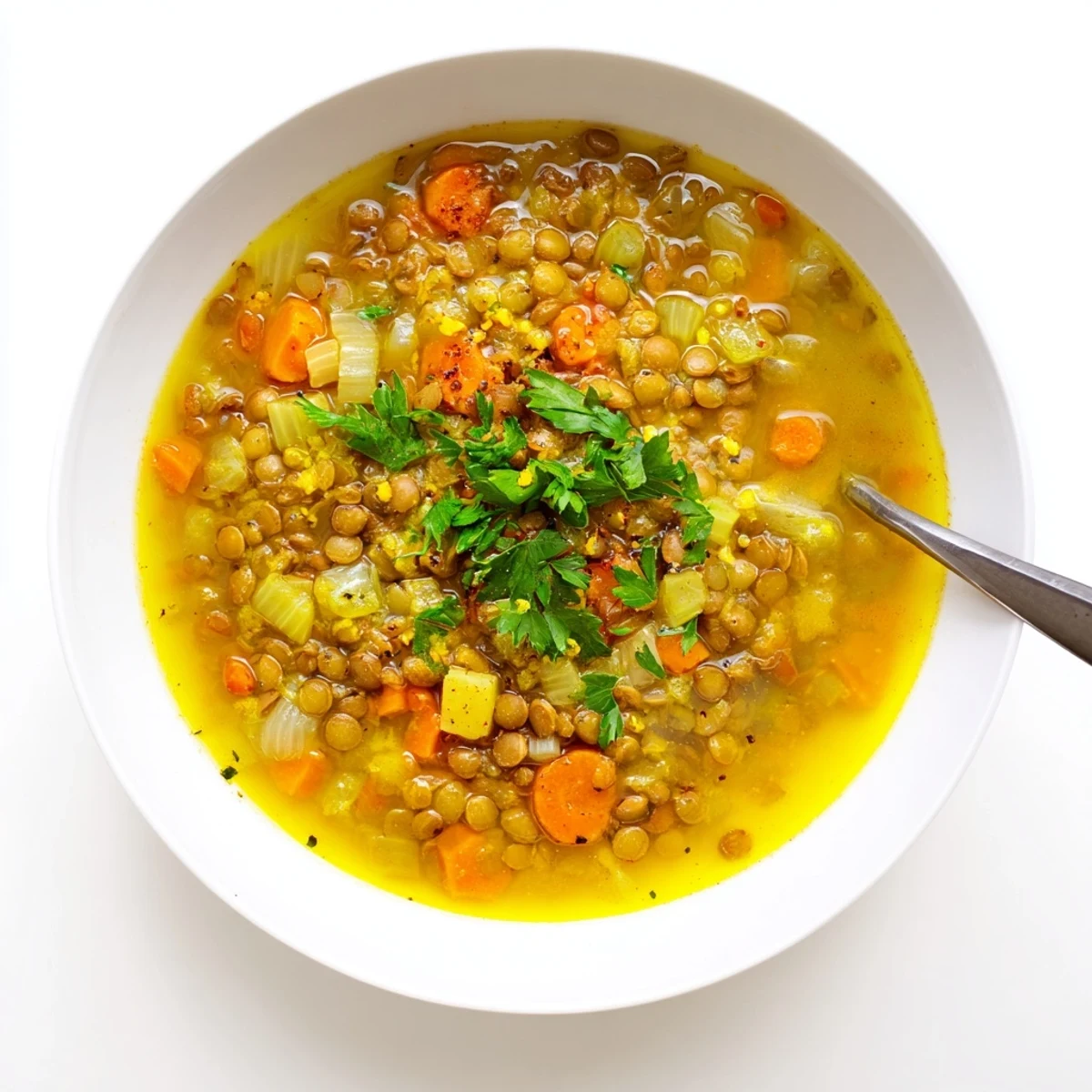 A steaming bowl of lemon lentil soup topped with fresh parsley and a lemon wedge