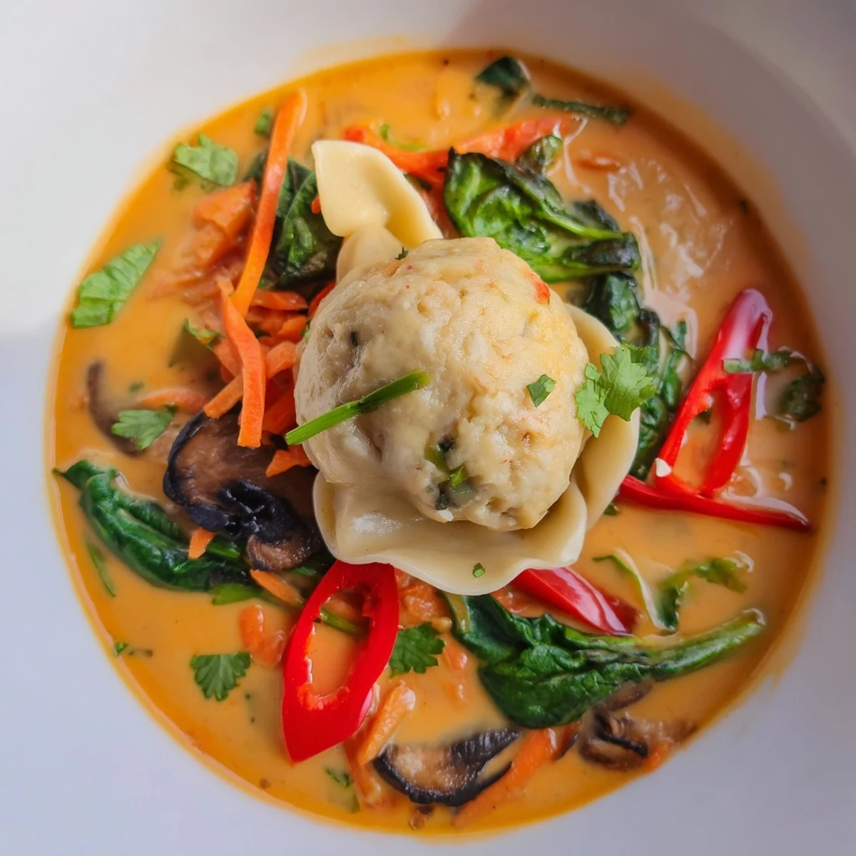 Steaming bowls of Creamy Thai Dumpling Soup topped with fresh herbs and chili slices