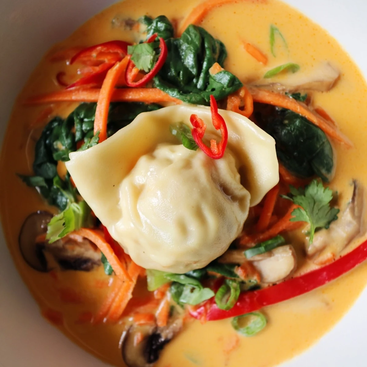 Golden coconut broth cradles plump dumplings in this comforting Creamy Thai Dumpling Soup