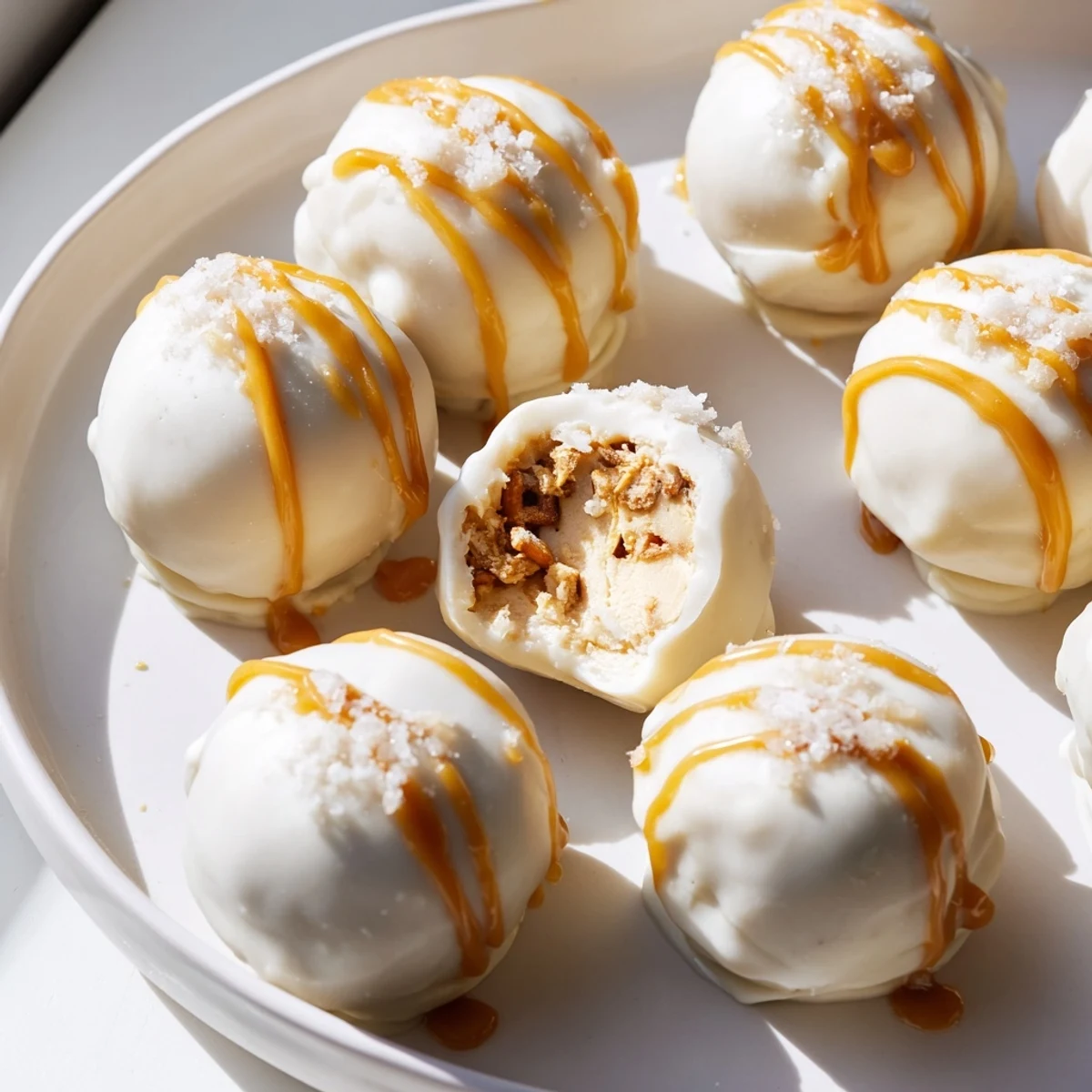 Creamy salted caramel pretzel cheesecake balls coated in white chocolate and caramel drizzle on a rustic tray.