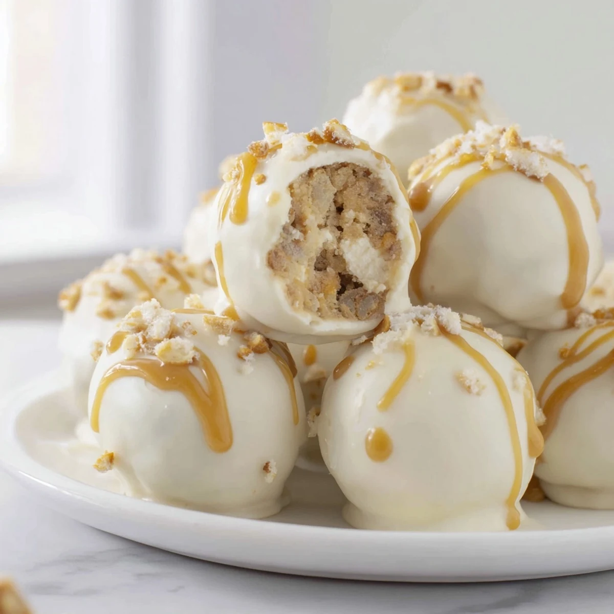 Golden crushed pretzels crown these salted caramel pretzel cheesecake balls with a rich caramel drizzle overhead.