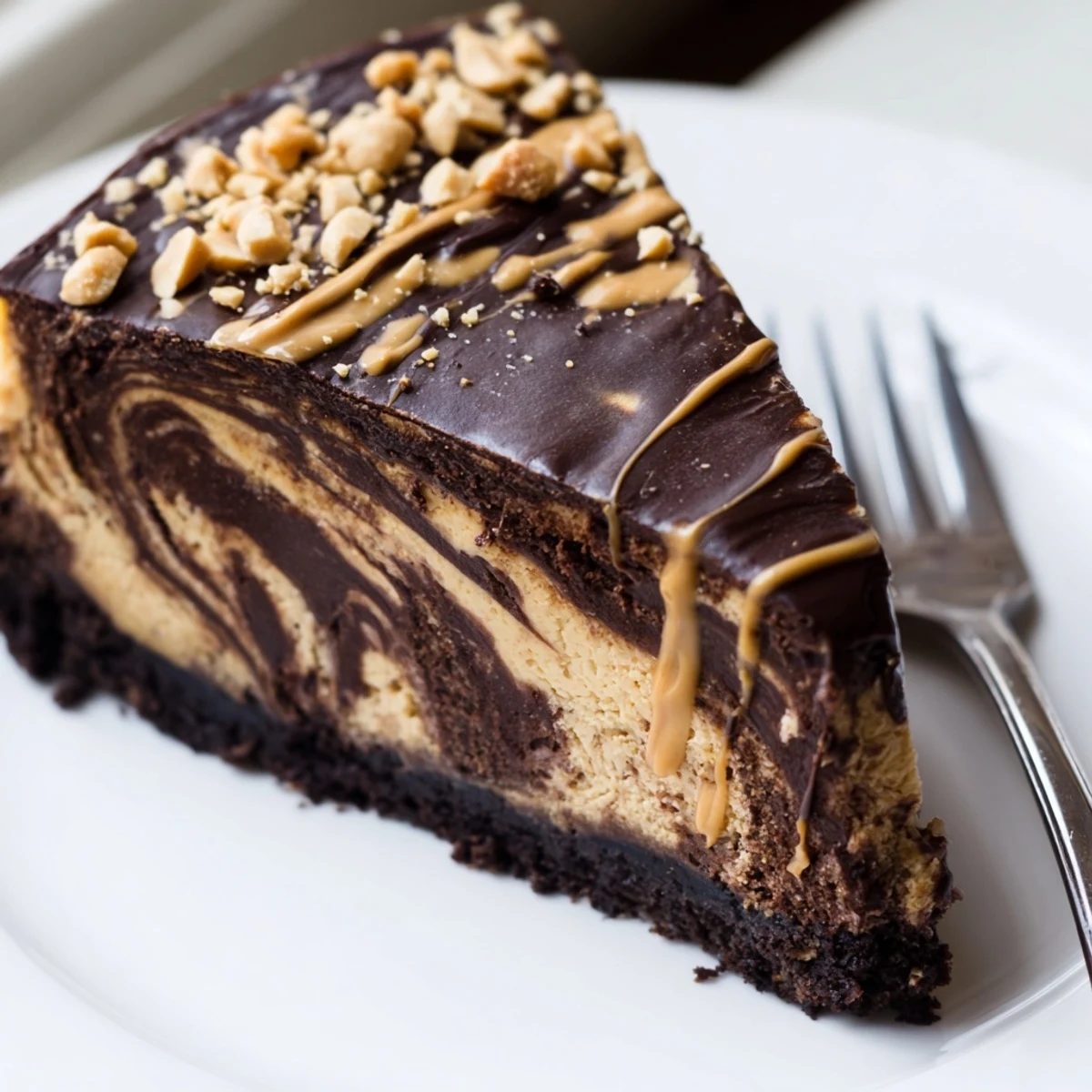 Creamy chocolate peanut butter cheesecake slice on a dark cookie crust with glossy ganache topping