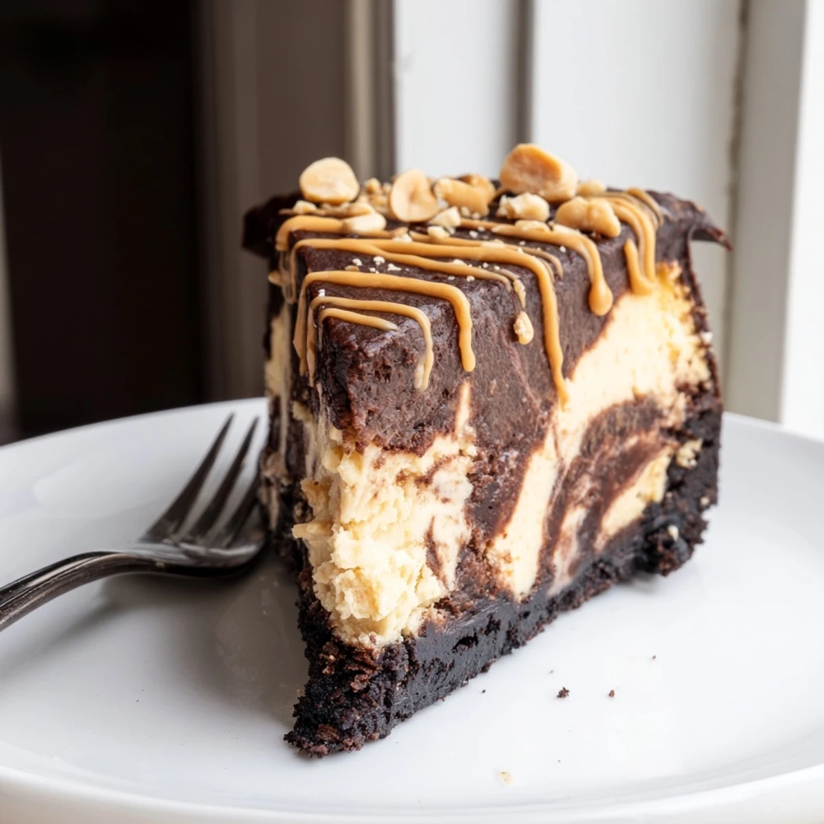 Rich chocolate peanut butter cheesecake swirled with melted ganache and sprinkled with roasted peanuts