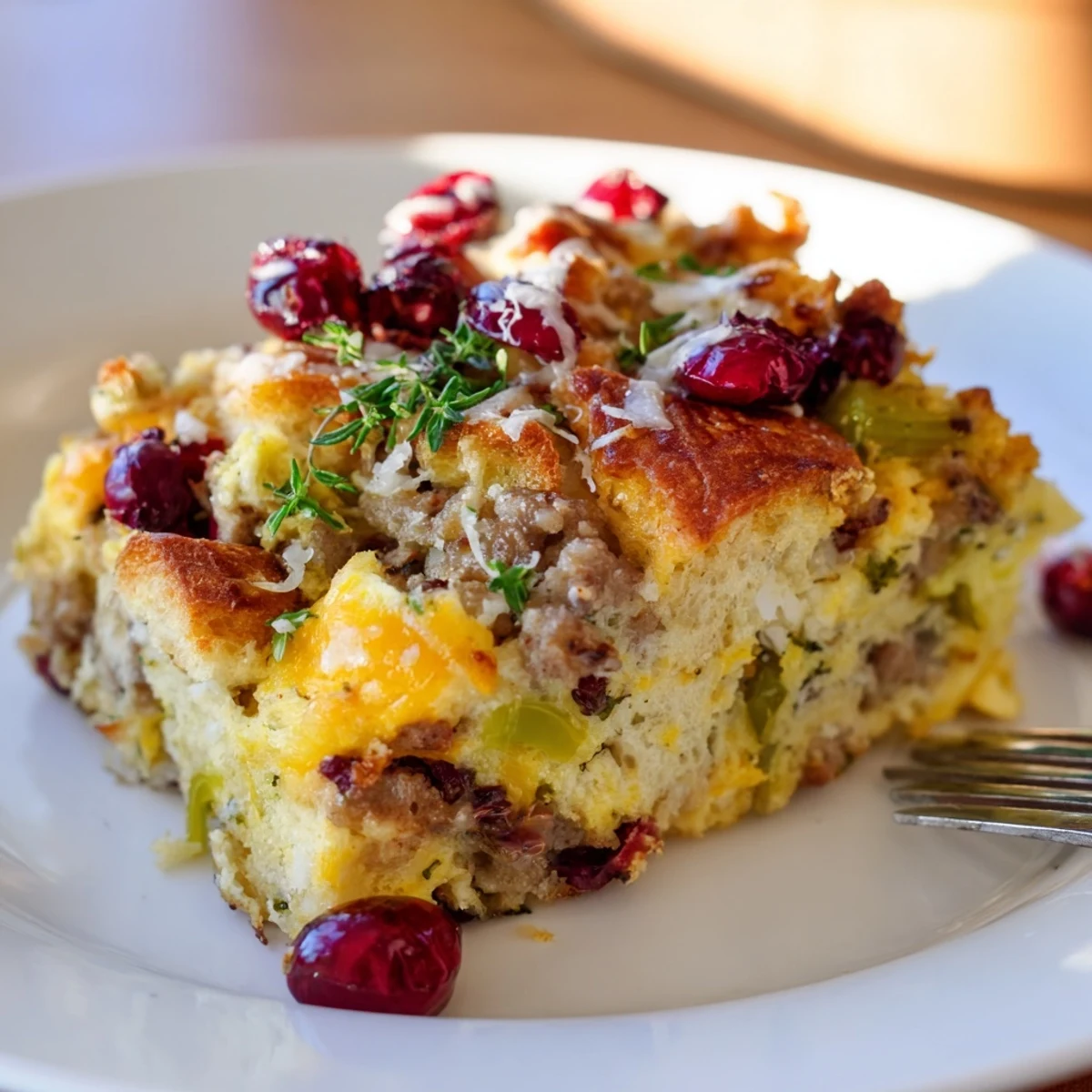 Golden cranberry sausage stuffing breakfast casserole fresh from the oven with melted cheddar