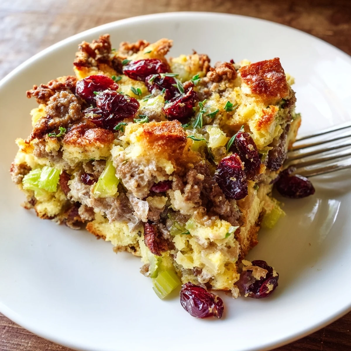 Bubbling cranberry sausage stuffing breakfast casserole topped with crispy golden bread crust