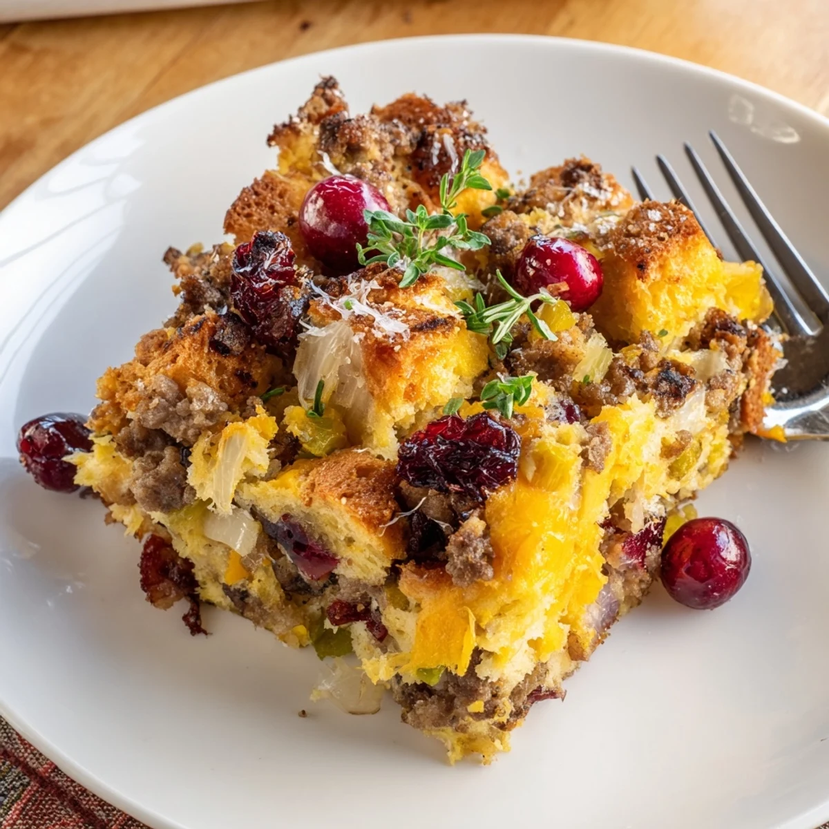 Savory cranberry sausage stuffing breakfast casserole served in a rustic baking dish