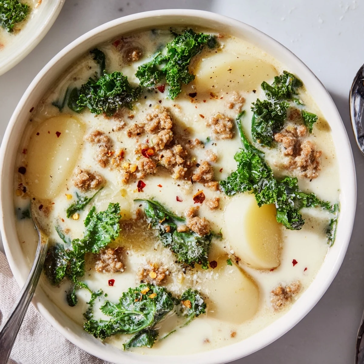 Creamy Zuppa Toscana soup in rustic bowls topped with Parmesan and fresh kale