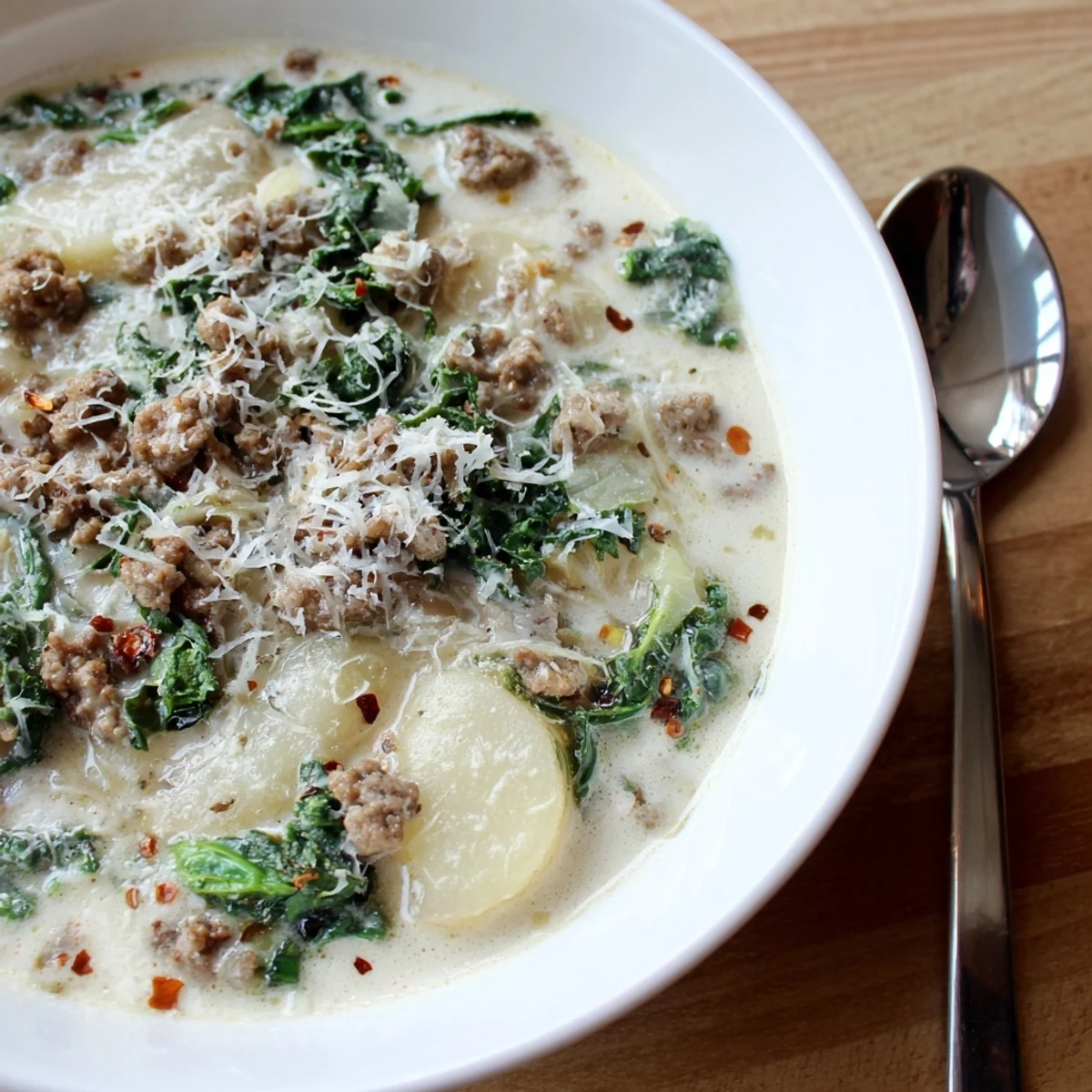 Steaming bowls of Zuppa Toscana soup with crumbled sausage, tender potatoes, and crusty bread