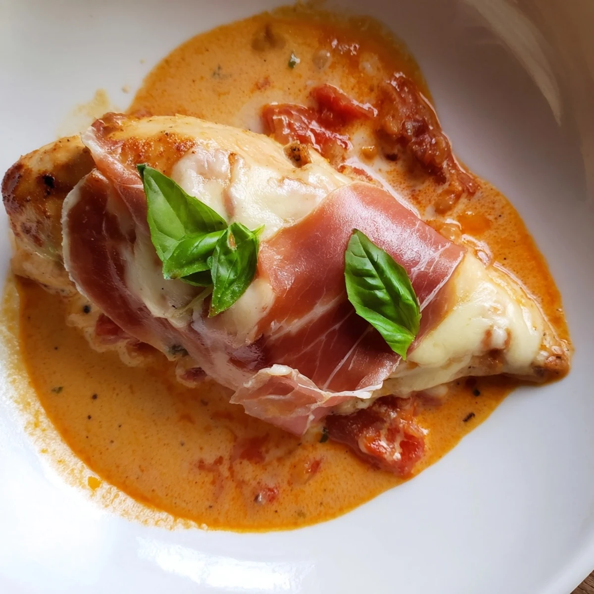 Golden Chicken Valdostana topped with melted Fontina and crispy prosciutto in rich tomato sauce