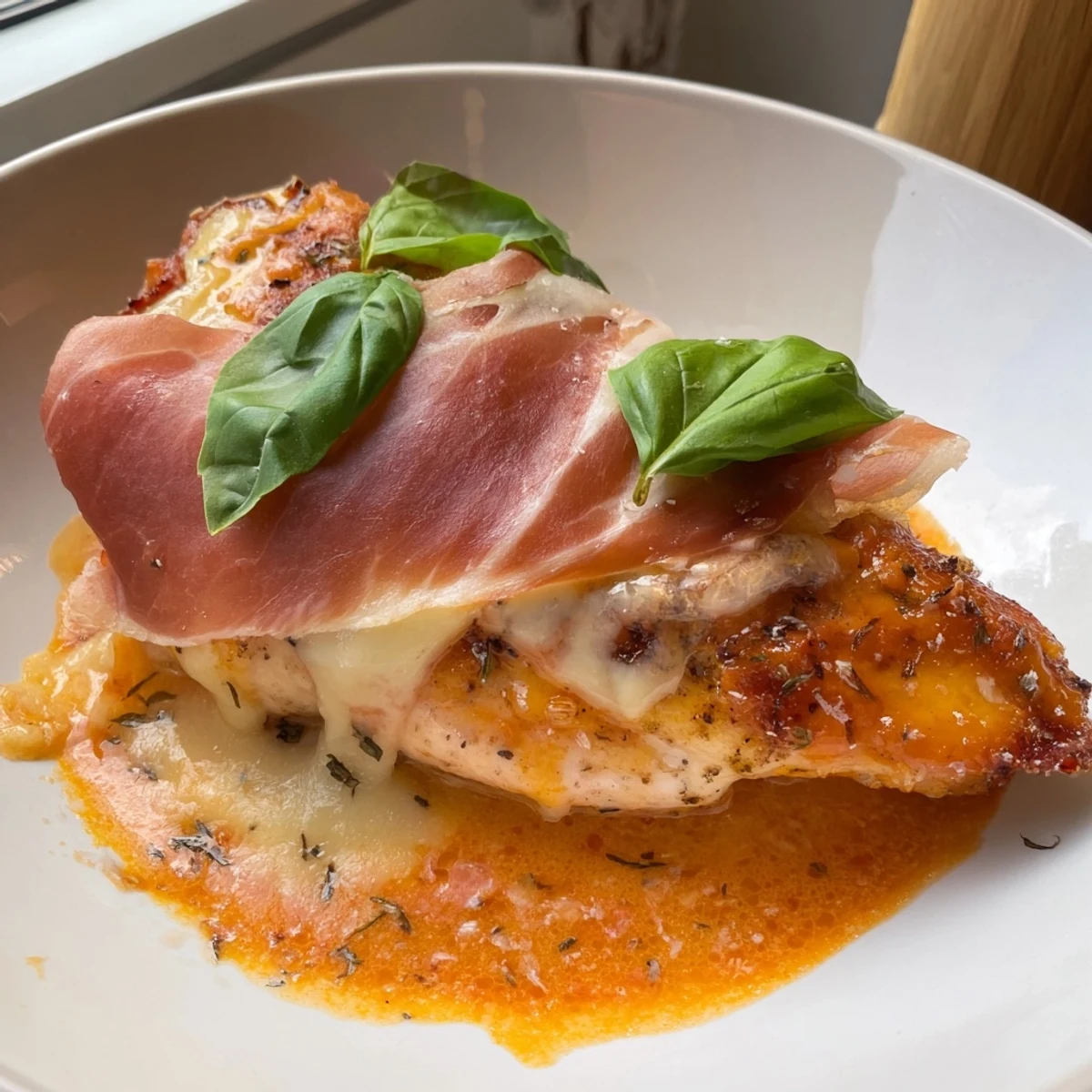 Creamy Chicken Valdostana with bubbling cheese and prosciutto served in a savory white wine pan sauce