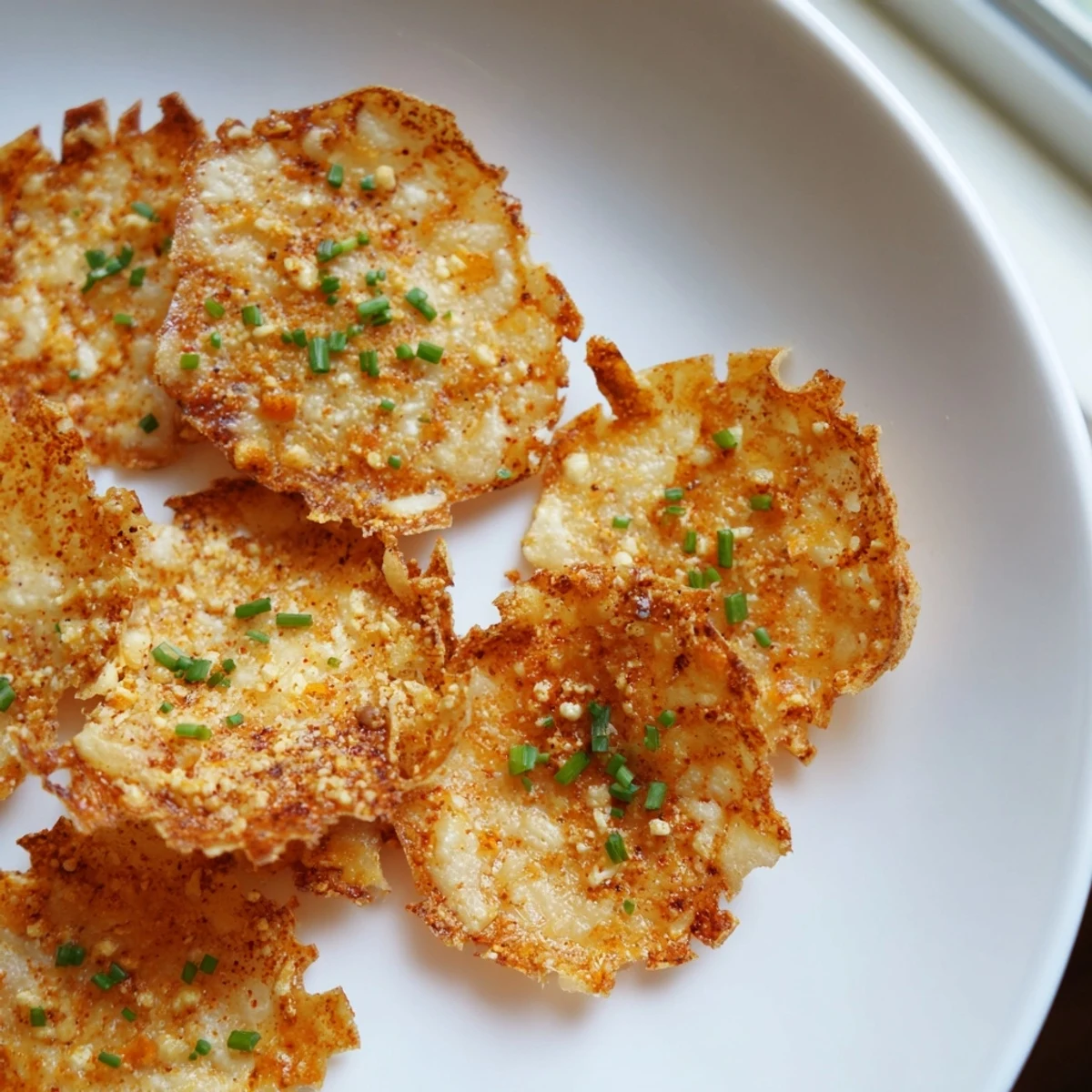Cottage cheese chips arranged on a rustic plate beside a creamy dip