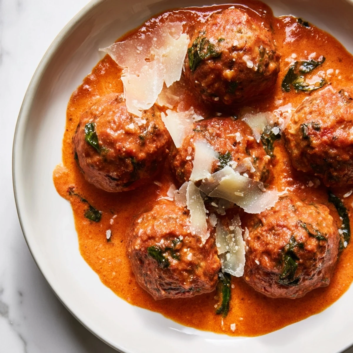 Creamy tomato basil meatballs nestled in a velvety red sauce topped with fresh basil