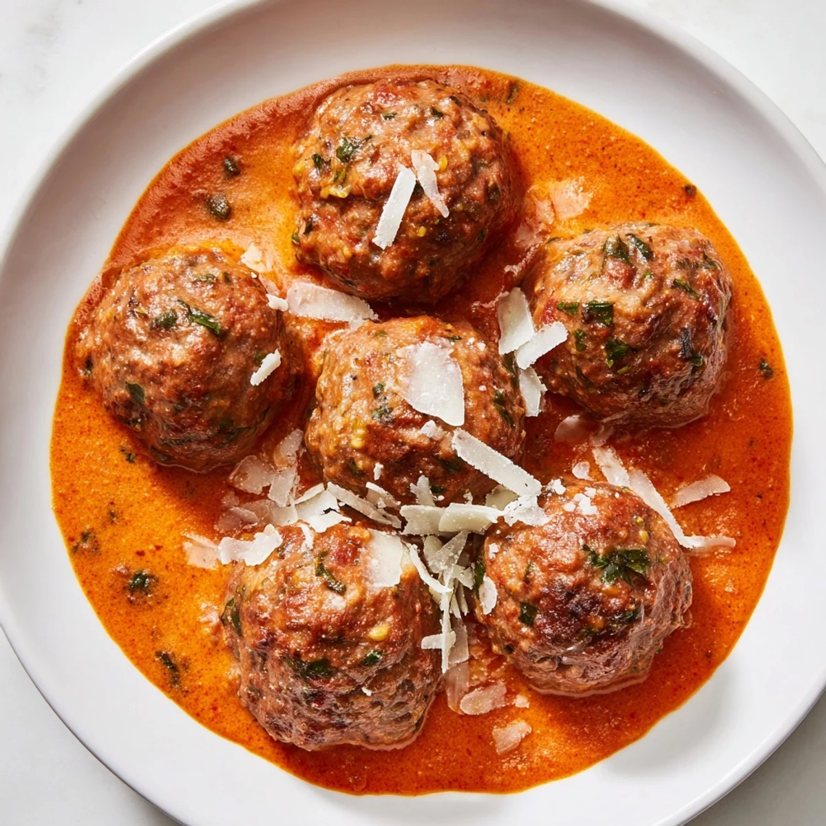 Golden-brown meatballs swimming in a rich creamy tomato basil sauce with parmesan