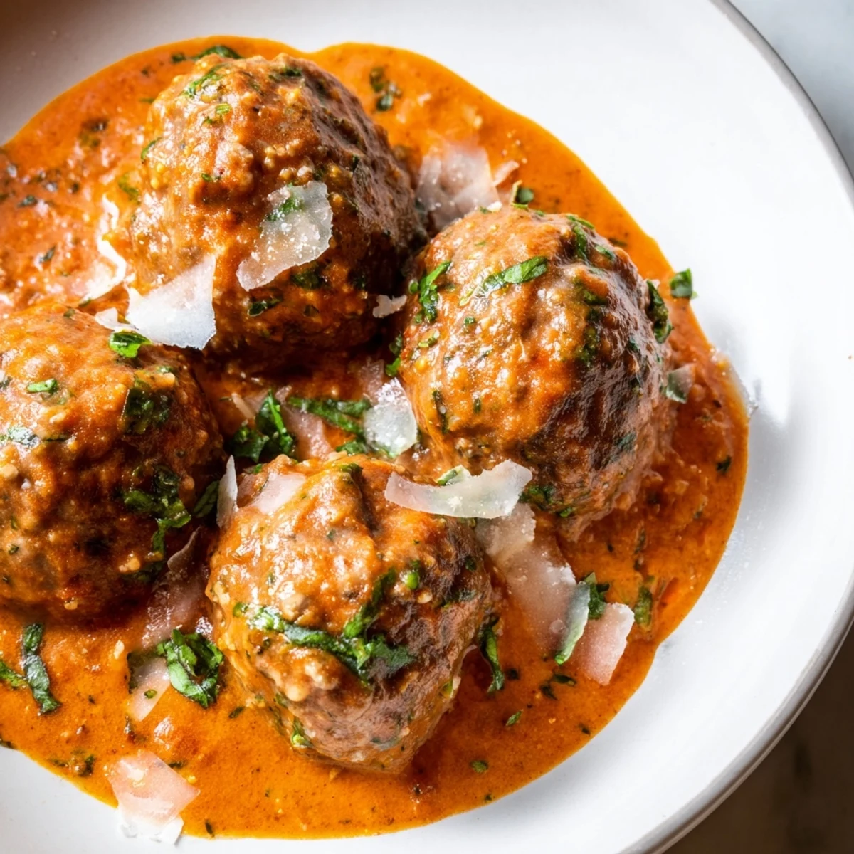 Juicy creamy tomato basil meatballs served over steaming pasta garnished with basil leaves