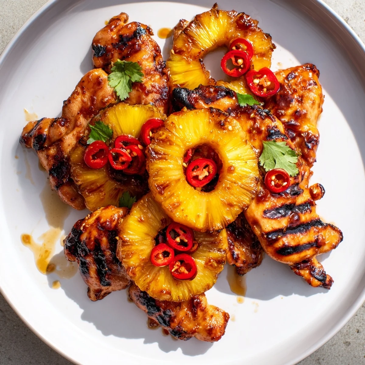 Juicy Chili Pineapple Grilled Chicken with caramelized fruit and fresh cilantro on a plate