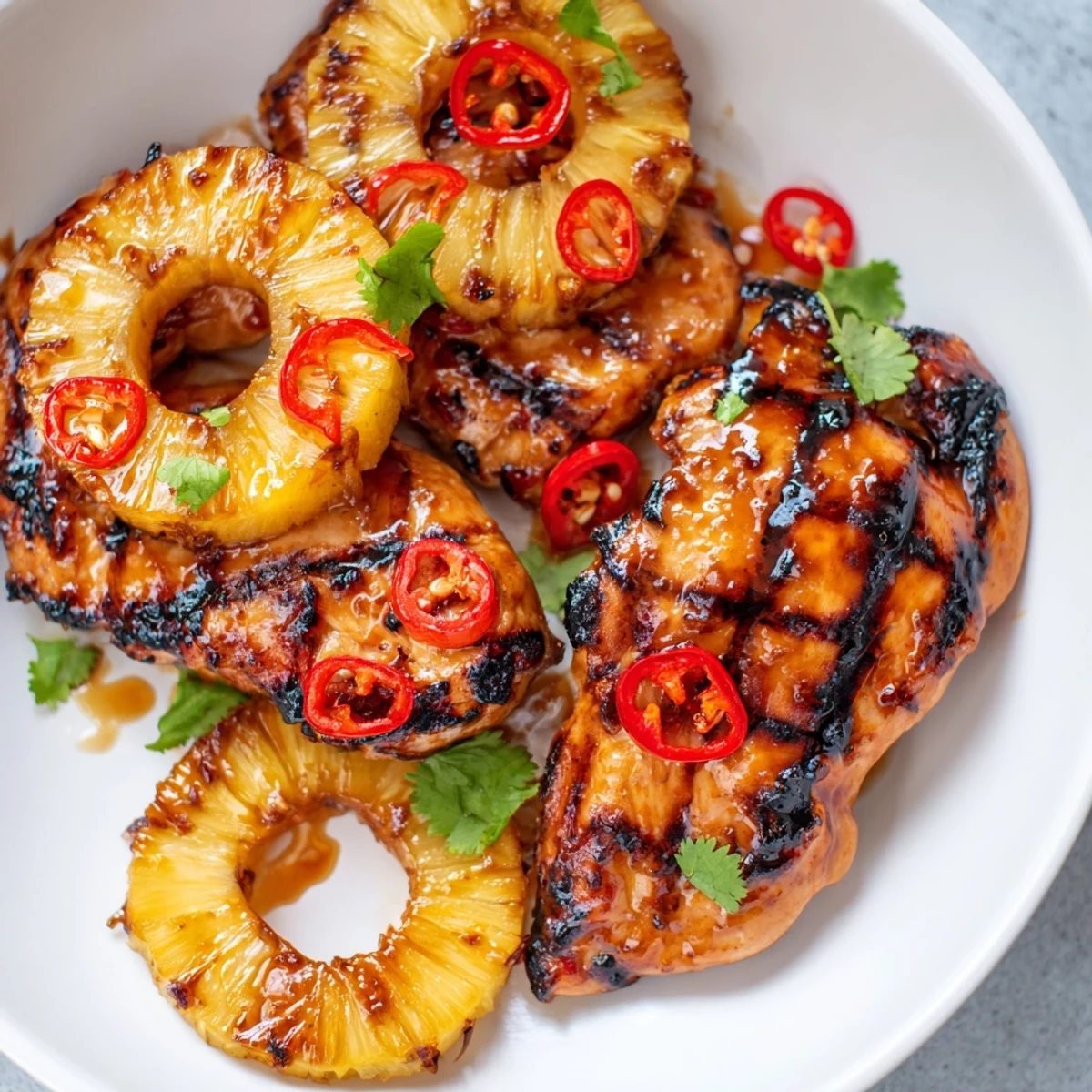 Golden Chili Pineapple Grilled Chicken sizzling off the grill alongside charred pineapple rings