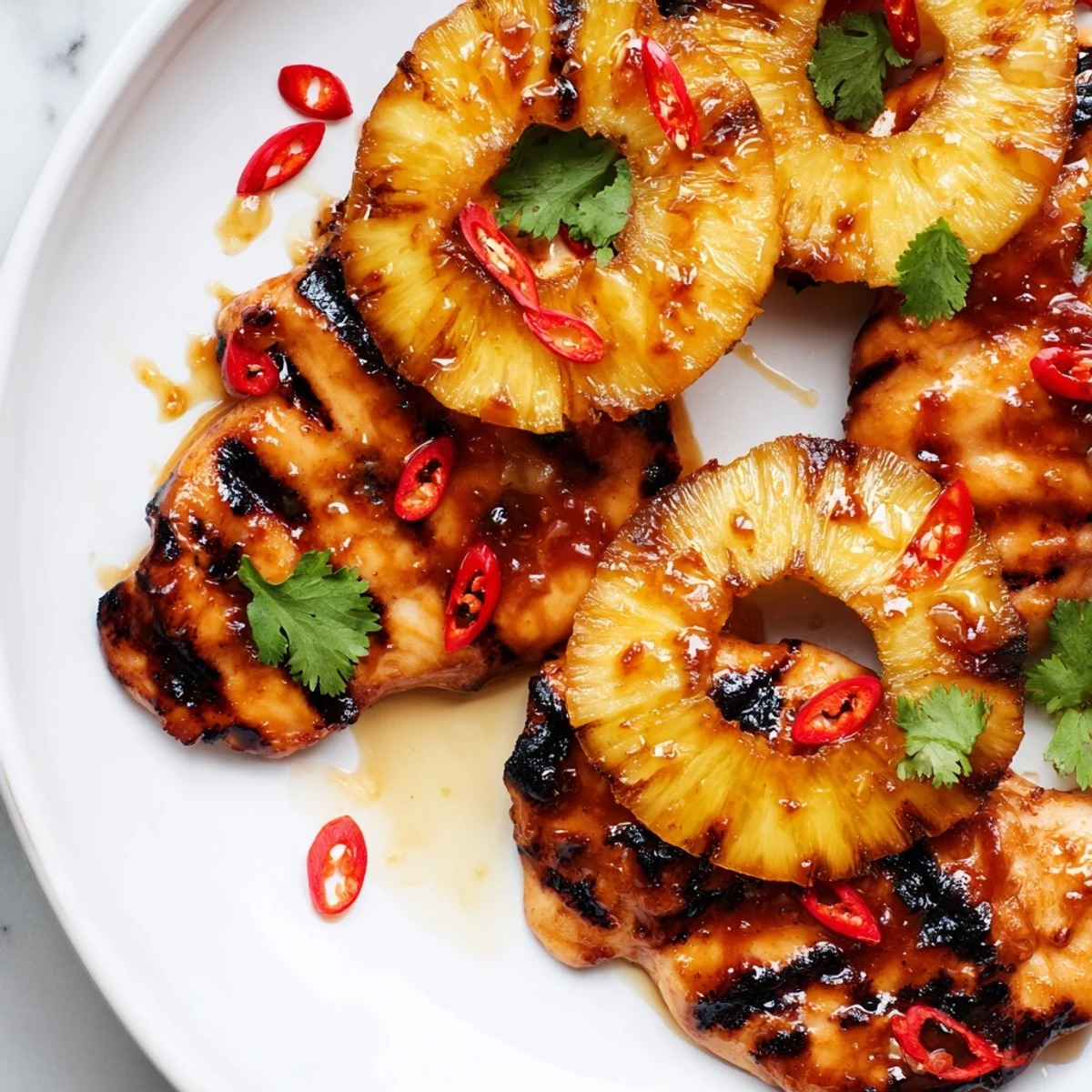 Spicy-sweet Chili Pineapple Grilled Chicken sliced open, topped with grilled pineapple and red chili