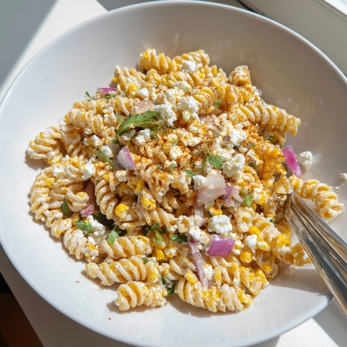 Creamy Elote Street Corn Pasta Salad topped with crumbled cotija cheese and fresh cilantro
