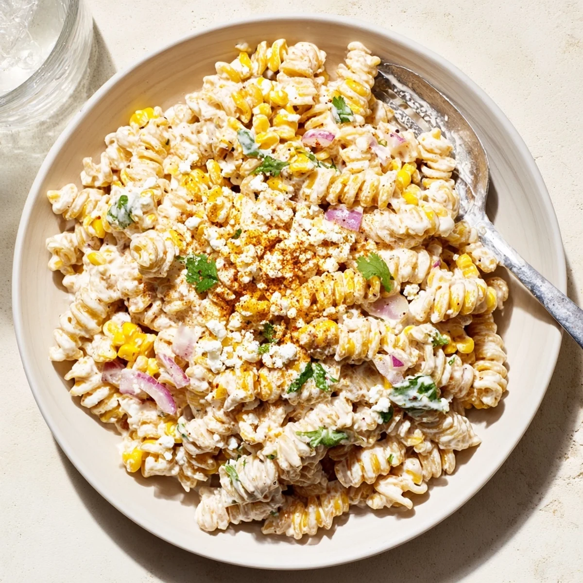 Charred corn and tangy lime dressing coat this vibrant Elote Street Corn Pasta Salad