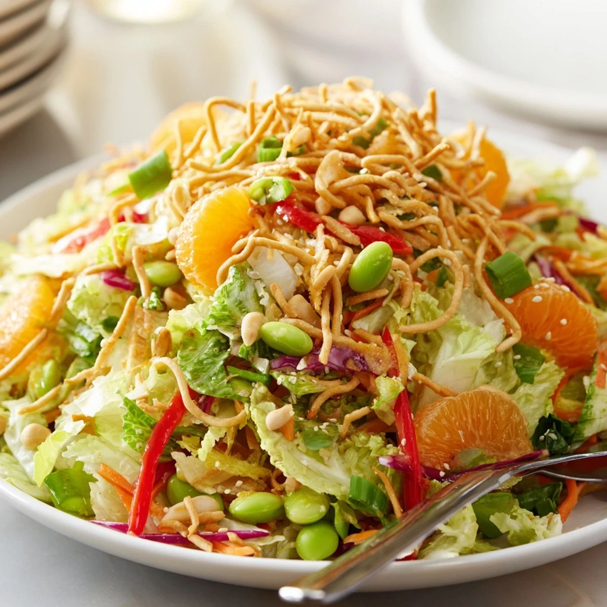Colorful Mandarin Sesame Crunch Salad in a large bowl topped with crispy noodles and toasted almonds