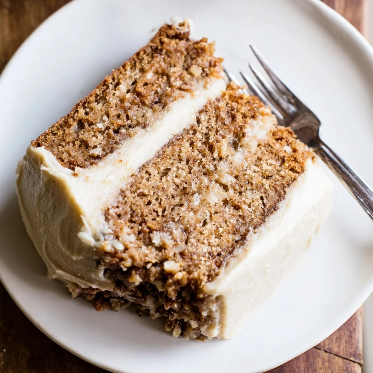 Moist brown butter banana cake slice piled high with thick cream cheese frosting