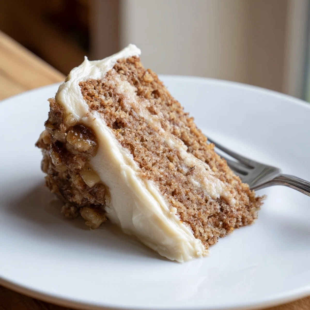Decadent brown butter banana cake with thick cream cheese frosting served on a rustic plate